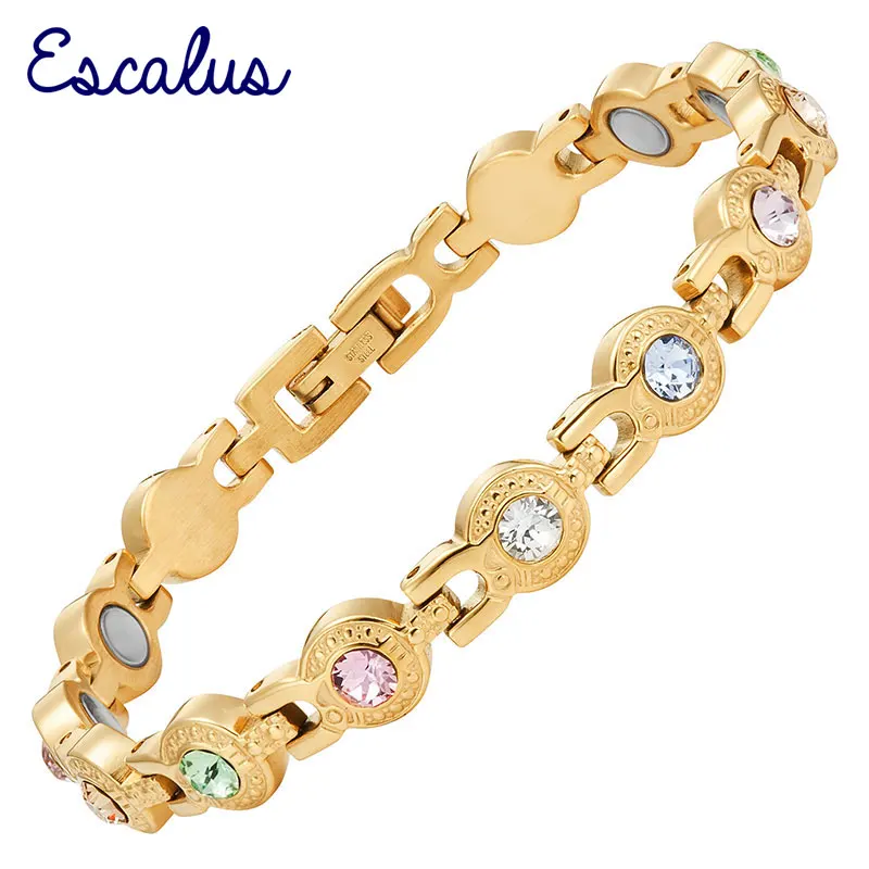 

Escalus Women Stainless Steel 6-Colors Crystals Bracelet Gold Color Magnetic Ladies Jewellery Bio Bangle Charm Wristband