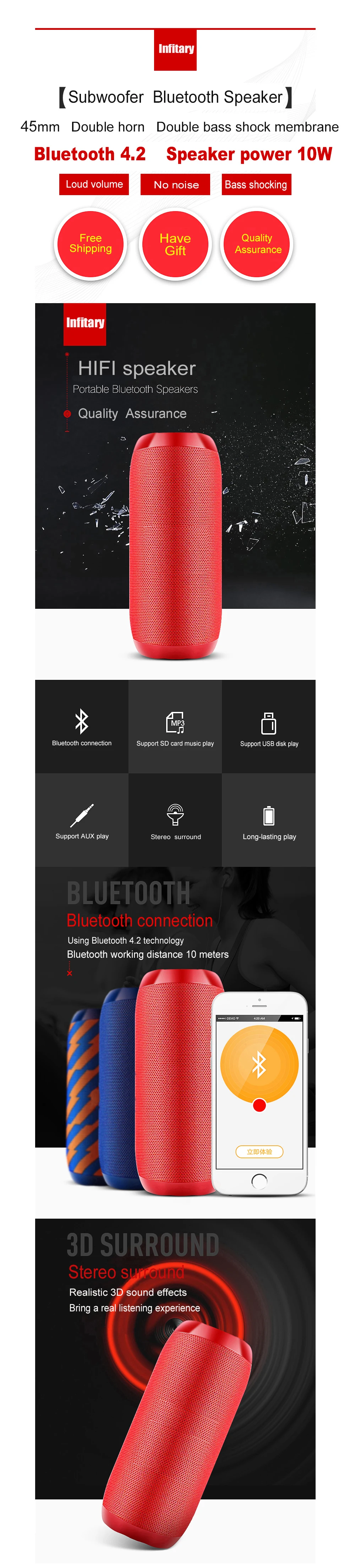 Беспроводная Bluetooth Колонка 10 Вт Водонепроницаемая Колонка стерео сабвуфер громкий динамик портативный динамик+ микрофон бас FM радио MP3 звуковая коробка
