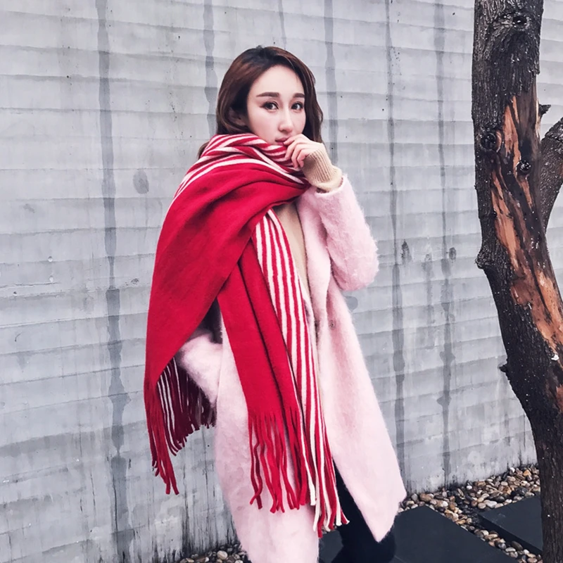 Tassels Hem Warm Winter Scarf Women Imitation Cashmere Striped Long Luxury Brand Shawls and Wraps Foulard Echarpe | Аксессуары для