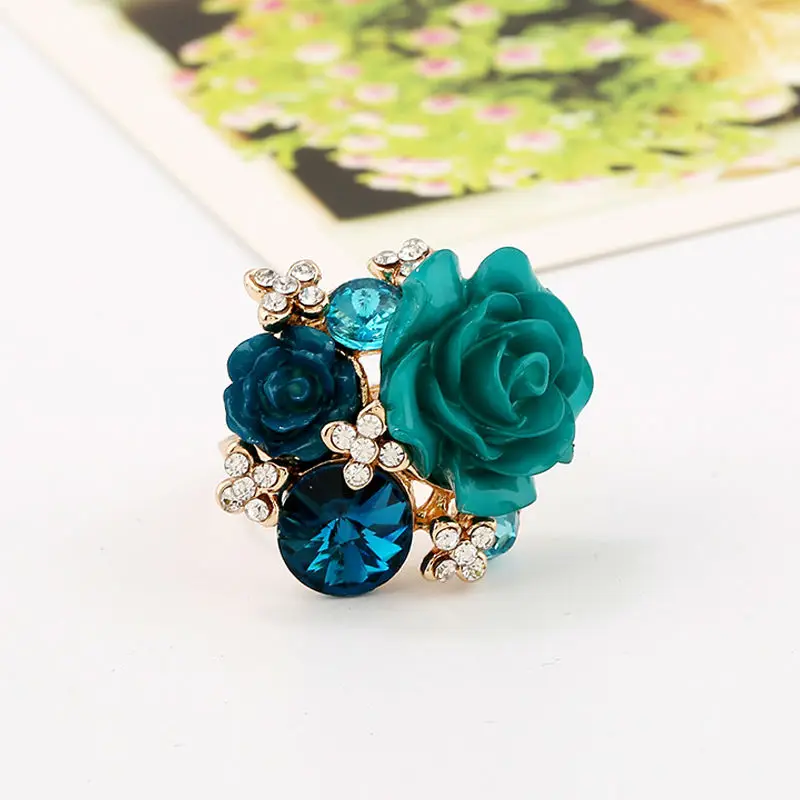 Кольцо женское регулируемое с большим кристаллом и розовым цветком|ring gold|gold colorbig