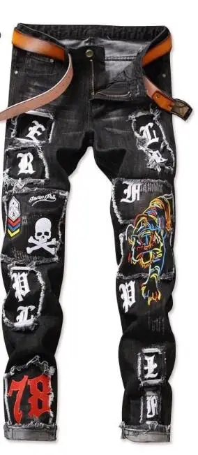 2019 Fashion Men's Punk Jeans Tiger Skull Embroidery Nightclub Patchwork Denim Pants for Male | Мужская одежда