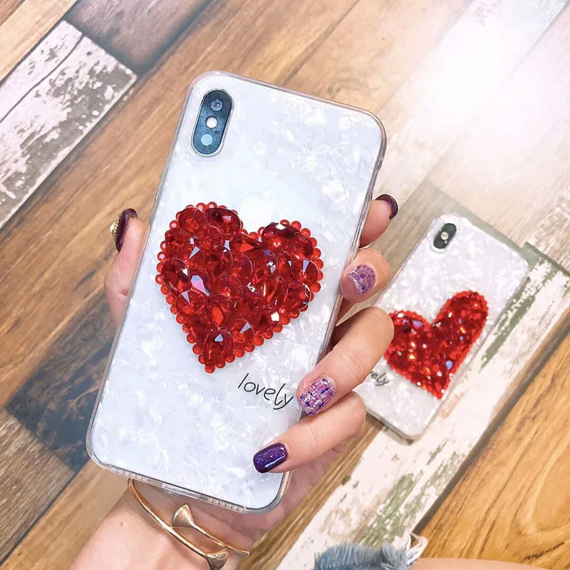 Роскошные раковины Мягкий силиконовый чехол для iPhone X 10 алмаза сердца Rhinestone