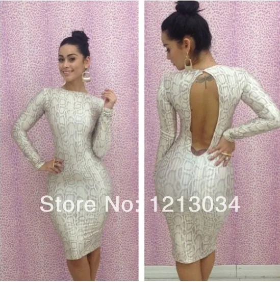 Free Shipping new arrive sexy fashion 2014 hollow out women dress Beige stones print club long sleeve bodycon | Женская одежда