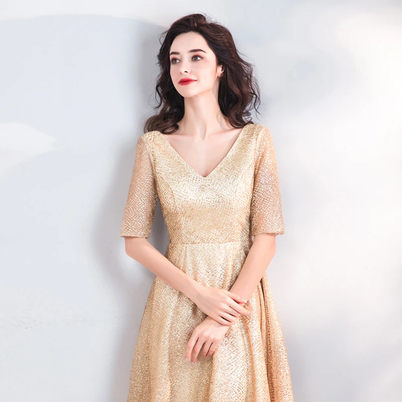 SSYFashion новый простой вечернее платье Champagne Gold Половина рукавами v-образным вырезом