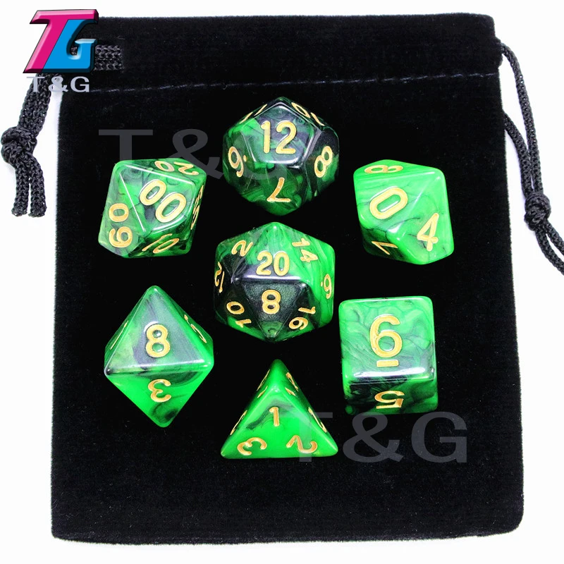 03 Green 7 pcs кости с сумкой D& D d4, d6, d8, d10, d%, d12, d20 многогранные Настольная игра штук ролевой игры - Цвет: 03 Green