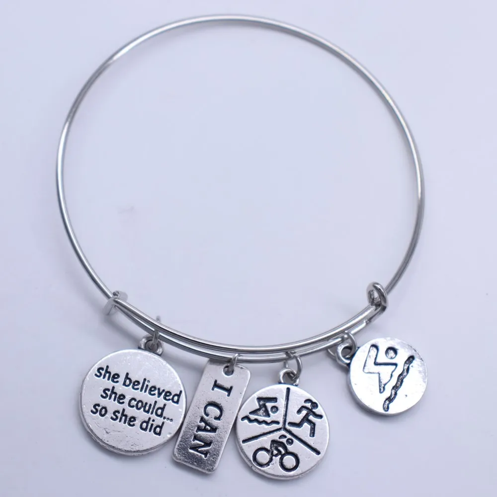 Custom Message Charms Accept She Believed Could So Did I Can Swim Bike Run Inspirational Expandable Wire Bangle |