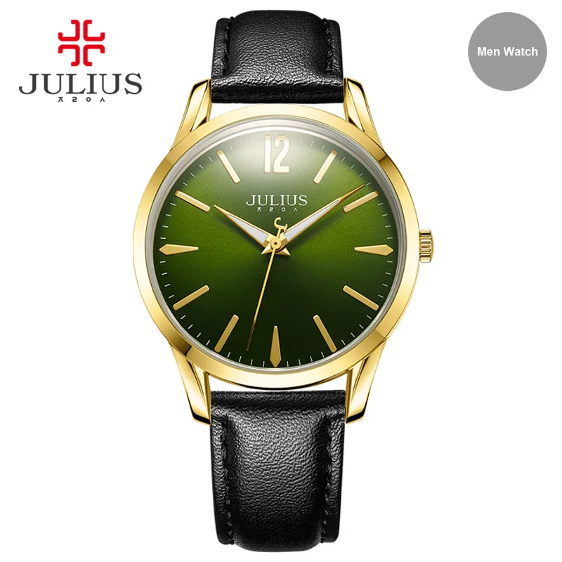 Мужские наручные часы JULIUS простые кварцевые корейский дизайн кожа синий зеленый