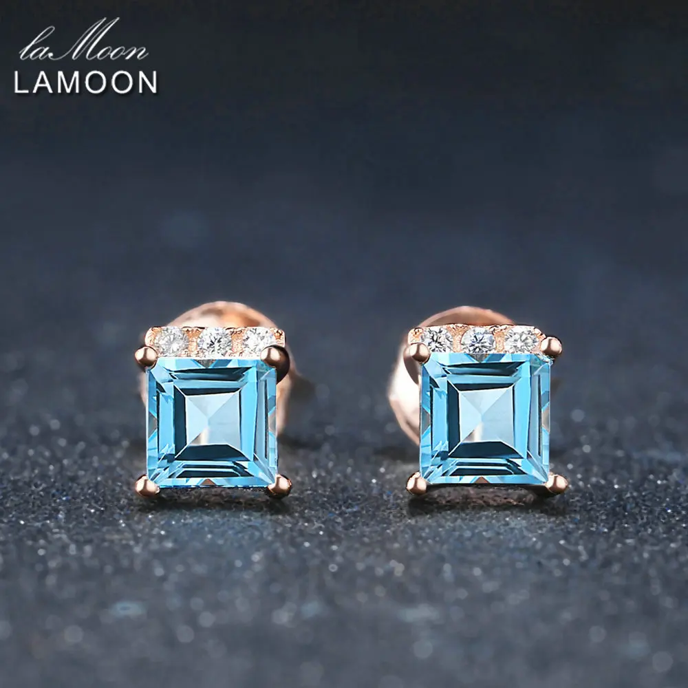 LAMOON Simple Style 4mm 100% Square Natural Blue Topaz 925 sterling-silver-jewelry  Stud Earring S925 LMEI046