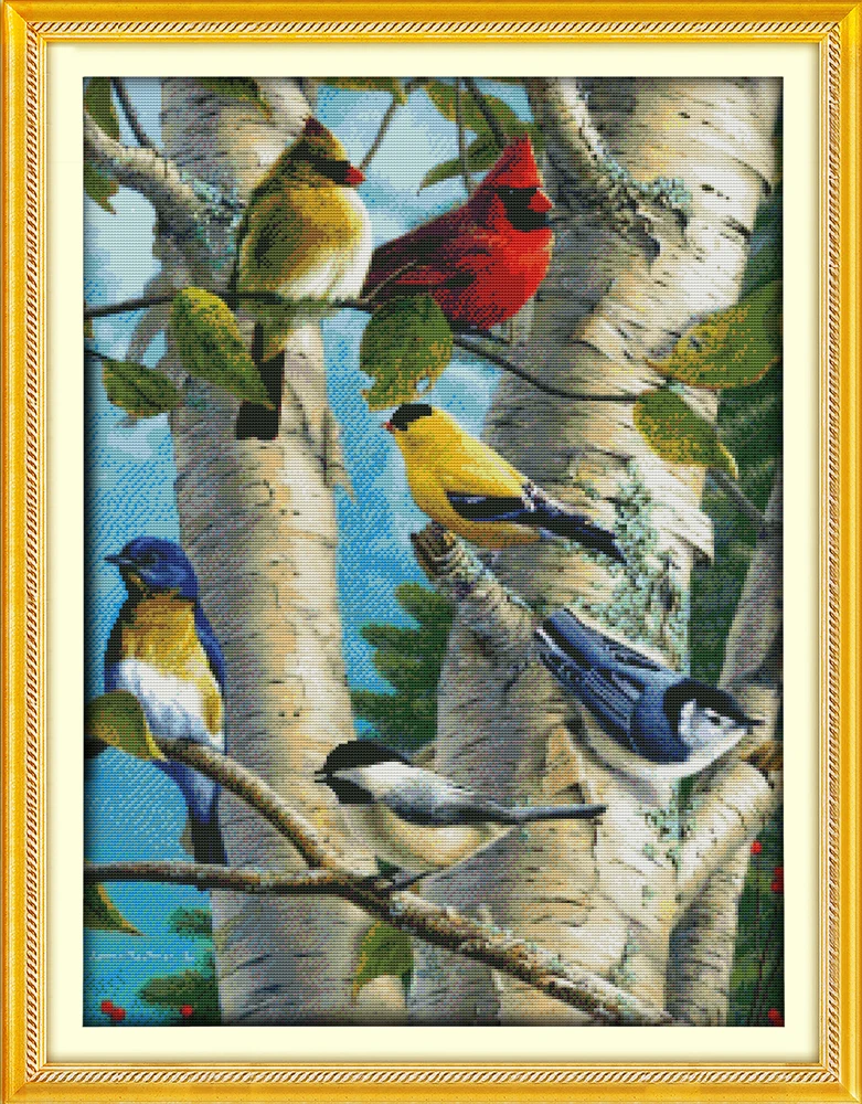 

Набор для вышивки крестиком, береза, птицы на дереве, рисунок животных, холст, DMC, цвет 18ct, 14ct, 11ct, набор для рукоделия