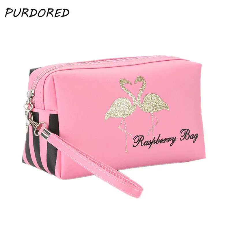 PURDORED 1 pc Flamingo Cosmetic Bag Stripe Women Shell Makeup Bags Travel Organizer PU Dropshipping | Багаж и сумки