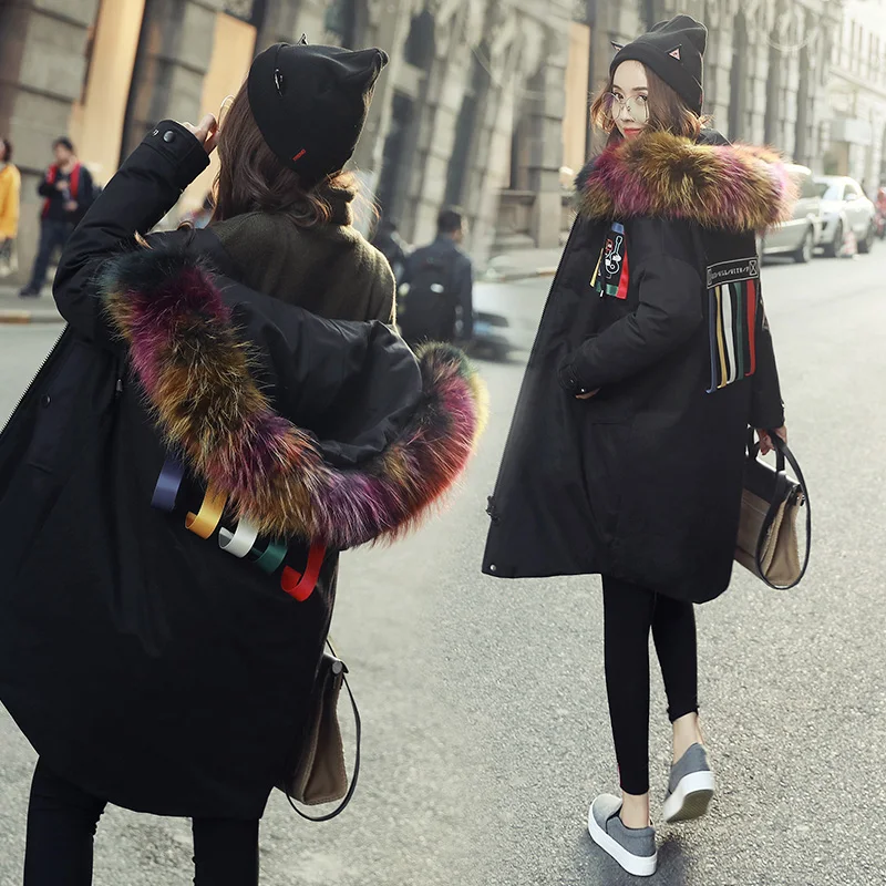 

Korean 2020 women's jackets parka with colored real fur hood collar female long puffer coat canada fashion goode down black xxl