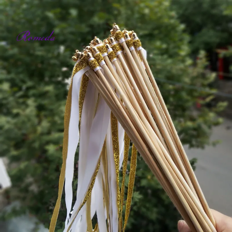 Varitas de cinta de boda de oro y blanco con campana de oro para decoraci&oacute;n de boda, 50 unids/lote, novedad-5