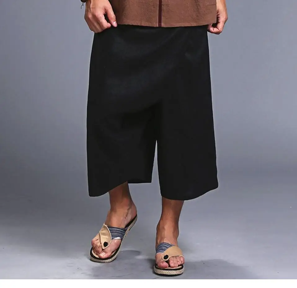 

Hot 2021 New Fashion Linen Trousers Men Knee Length Solid Color Capris Loose Casual Pants Wide Leg Pants Singer Costumes