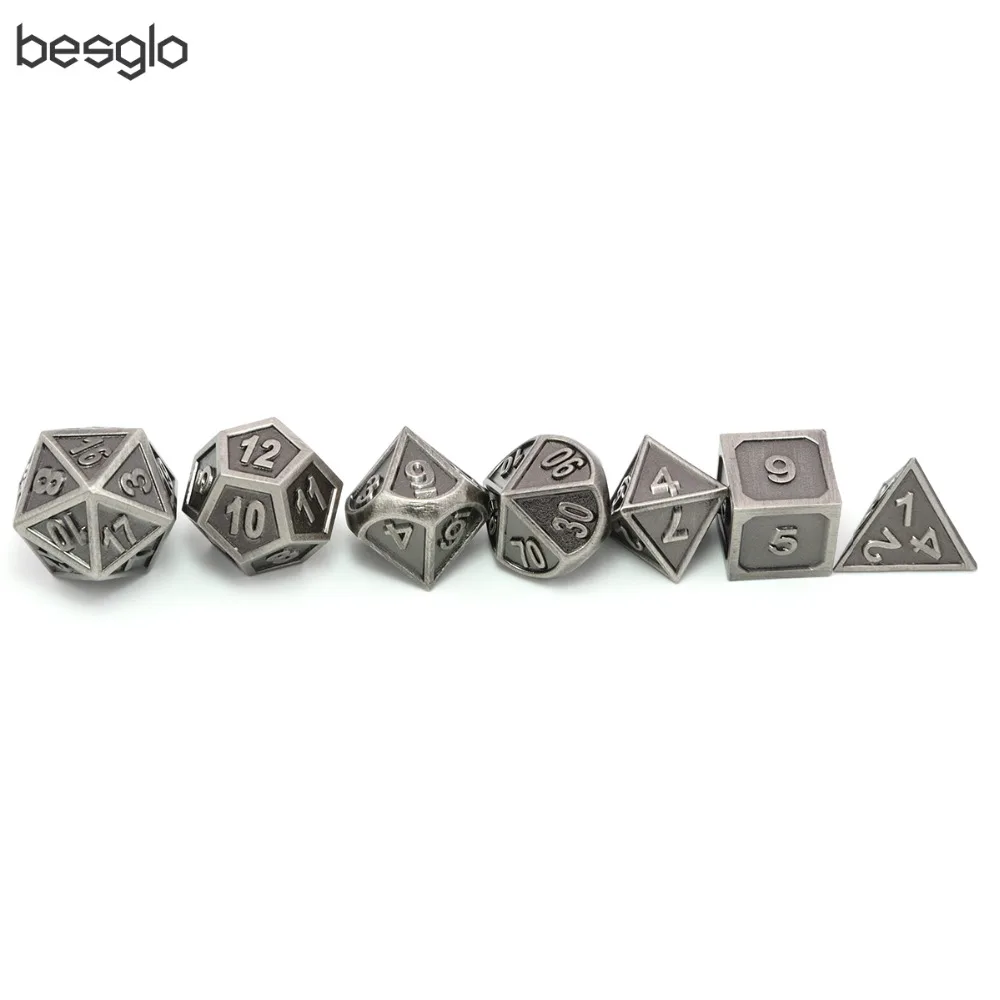 Battleworn Серебряный набор из 7 Металлических Кубиков D4 D6 D8 D10(00-90,0-9) D12 D20 для ролевых игр Подземелья и Драконы Pathfinder