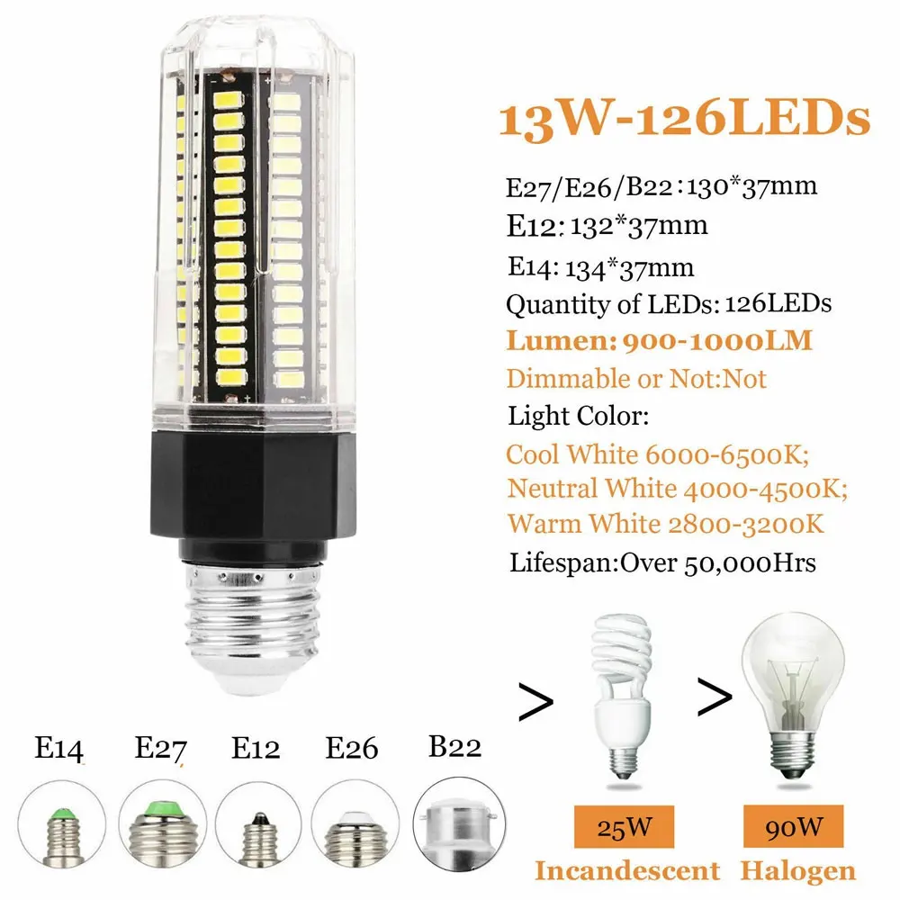 13W 126LED Светодиодный лампочки «Кукуруза» 22-162 светодиодный s E27 E14 B22 штык 5730 SMD 9 Вт 12 Вт 13 Вт 15 Вт домашняя декорационная Лампа AC 110 V 220 V AC 85-265 V - Испускаемый цвет: 13W 126LED
