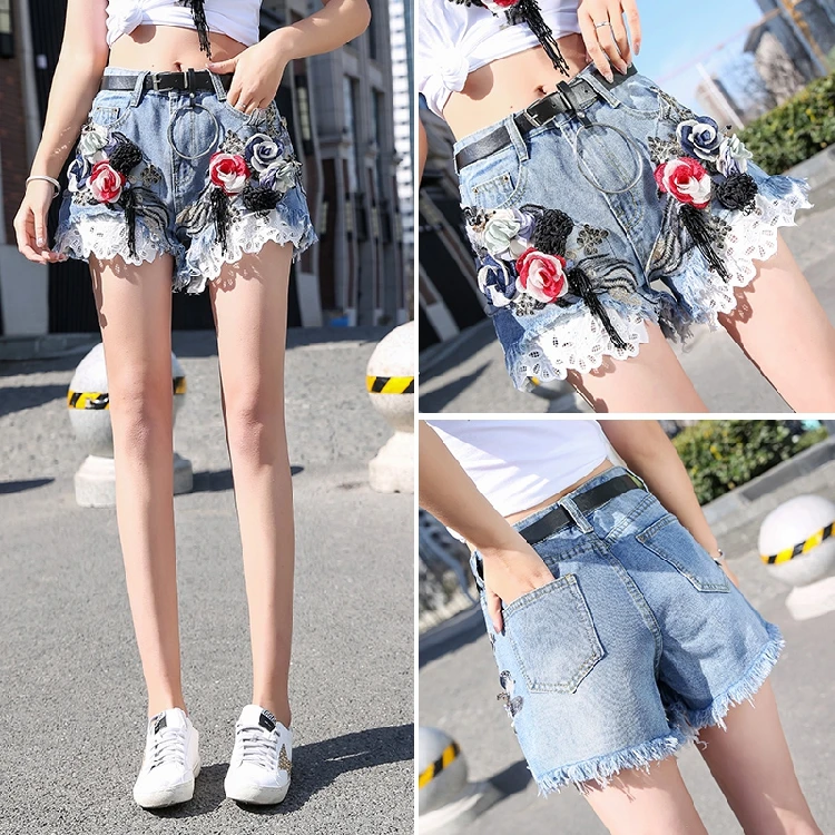 

2019 spring and summer new denim shorts flower pendant Korean version women's lace embroidery wide leg shorts