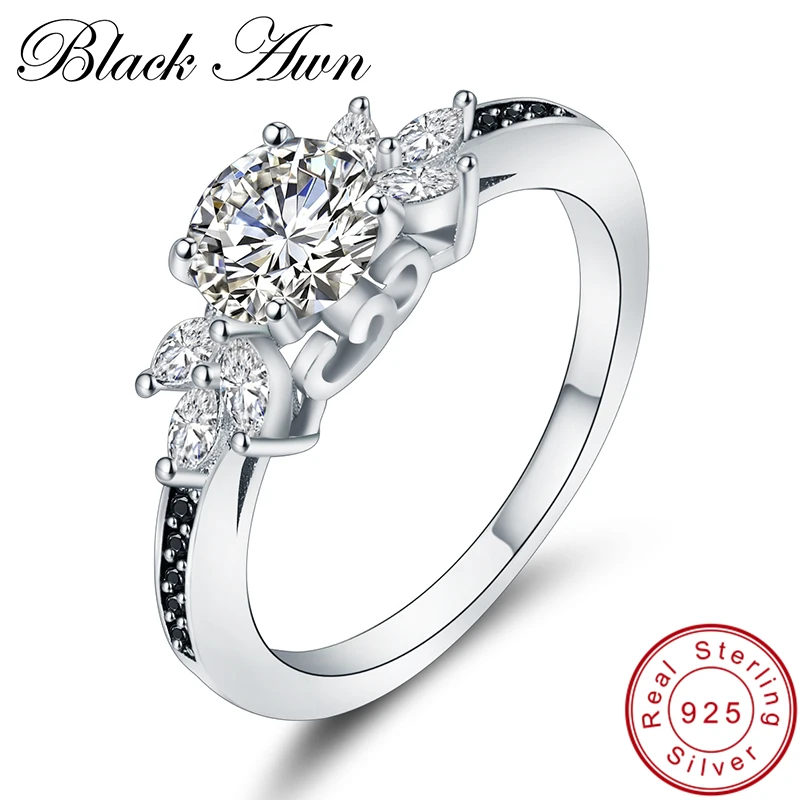 

[BLACK AWN]2.8g Genuine 925 Sterling Silver Black Spinel Stone Flower Wedding Rings for Women Fine Jewelry C310