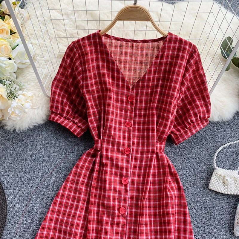Vintage 2021 Button Slim V Neck Plaid Print Short Dress Summer Party Tie Jurkjes Women Dresses Casual A-Line Vestido de festa | Женская