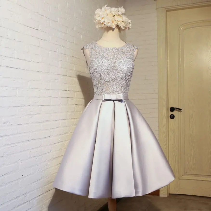 Custom wedding guest dress2019 Scoop neck lace satin A Line champagne gold silver burgundy Blush pink bridesmaid dresses short | Свадьбы и