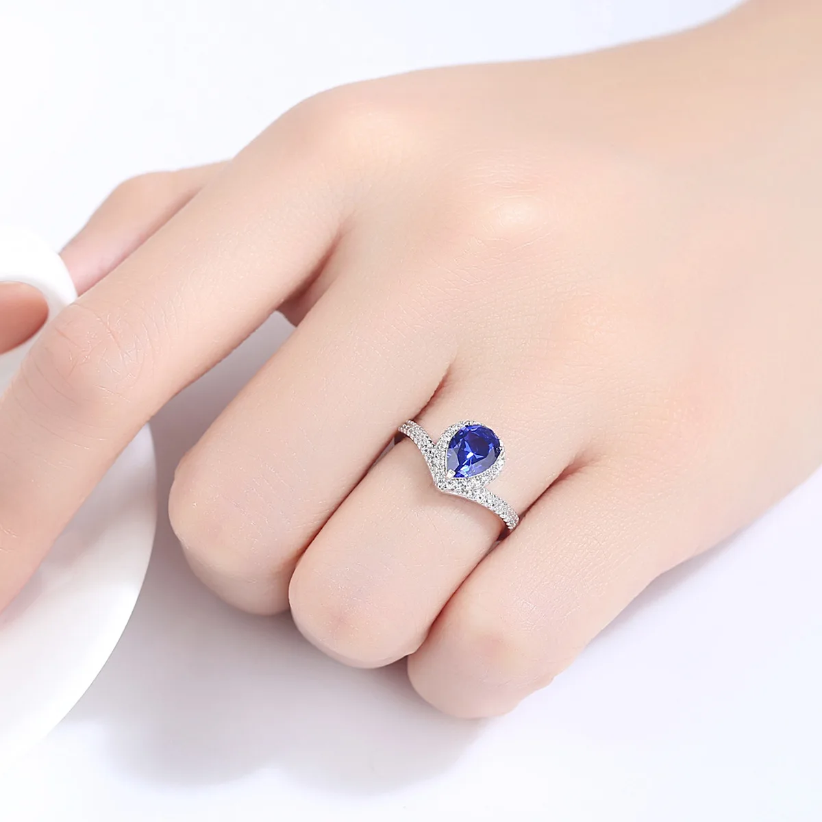 LANCAI Fashion 925 Sterling Silver Ring Genuine Created Water Drop Blue Sapphire for Women Fine Jewelry Gift Hot Selling | Украшения и