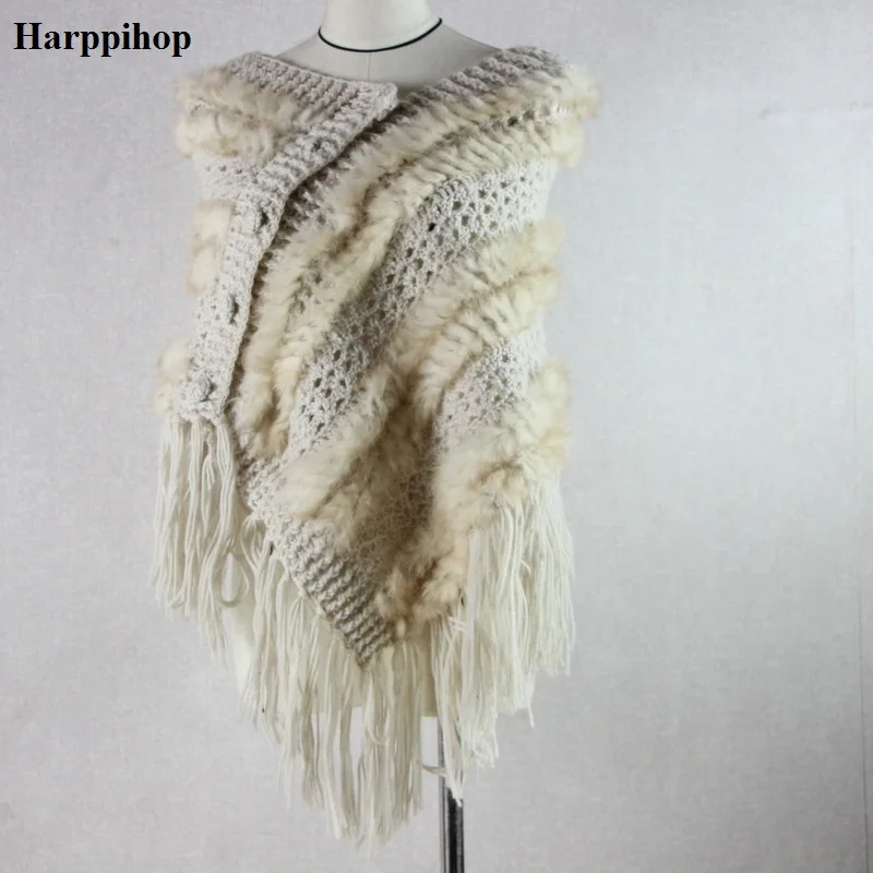 Harppihop, настоящий мех,, настоящий вязаный кроличий мех, шаль, Модный женский мех кролика, меховое пончо, пальто с кисточками