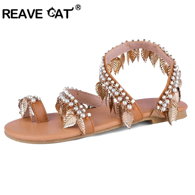 REAVE CAT Roman Style Summer Flat sandals for woman lady beach vacation leisure sandal Clip toe Tassel Brown Glatdiator size 43|Боссоножки