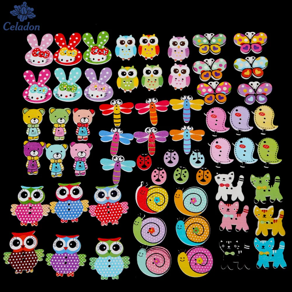 Деревянные пуговицы для шитья с милыми мультяшными животными 2 отверстия 100 шт.