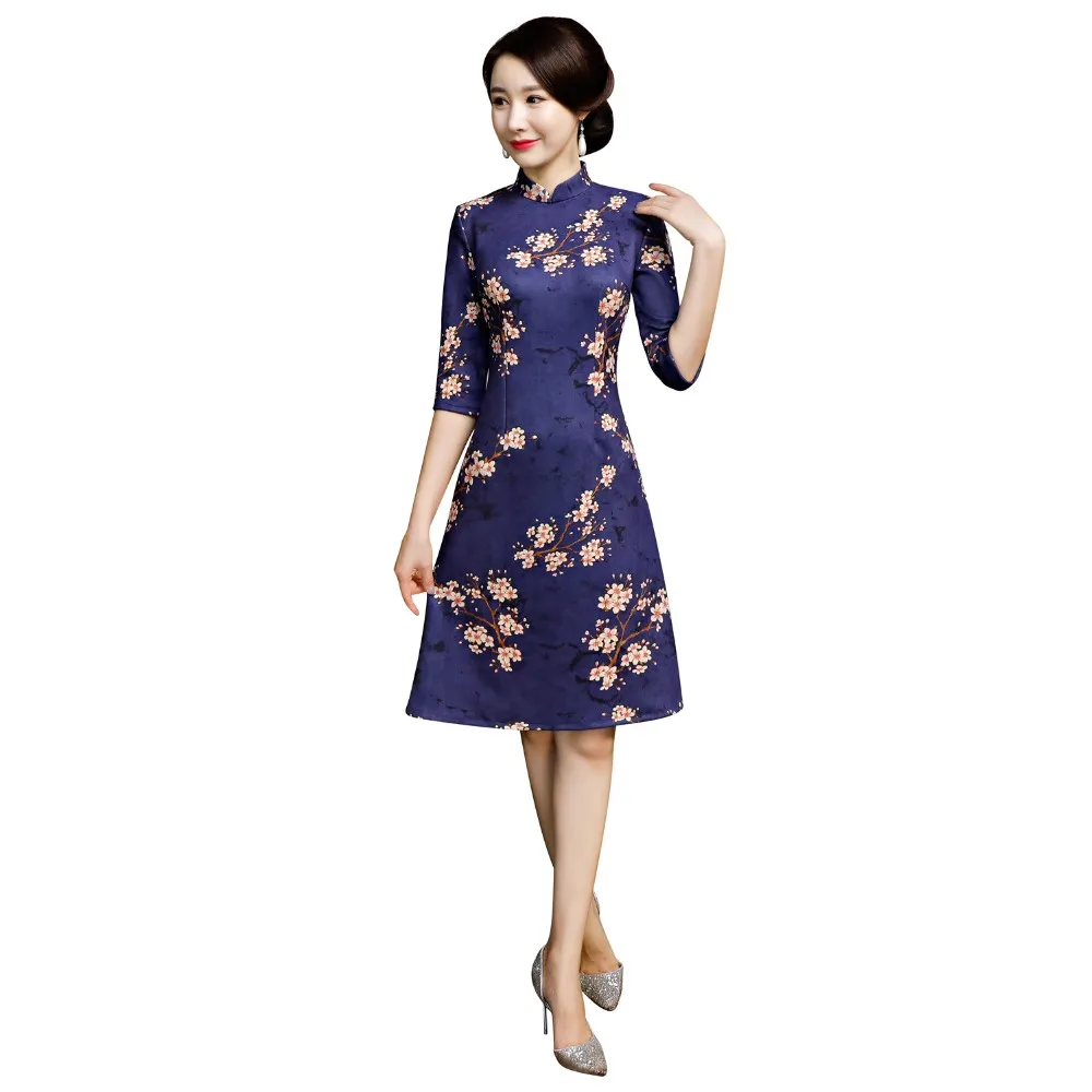 Шанхай история цветочный принт замшевое китайское платье 3/4 рукав Qipao