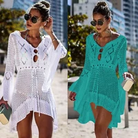 2021 hollow out crochet white beach cover up dress women tunic long pareos bikinis cover ups swim cover up robe plage beachwear