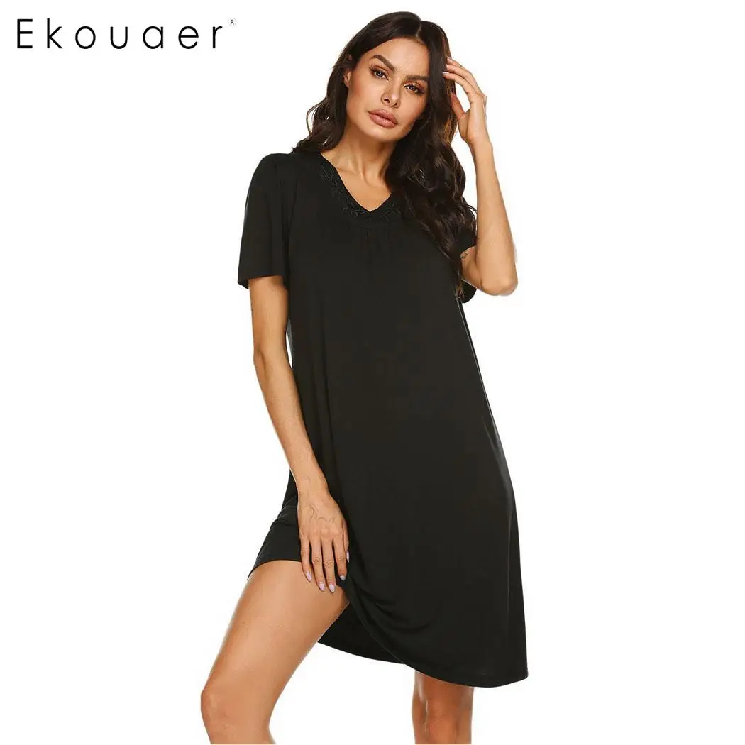 Black Ekouaer, женская летняя ночная рубашка, домашнее платье, пижама, однотонное, длинное, ночная рубашка с коротким рукавом, ночная рубашка, ночная рубашка, женская ночная рубашка - Цвет: Black