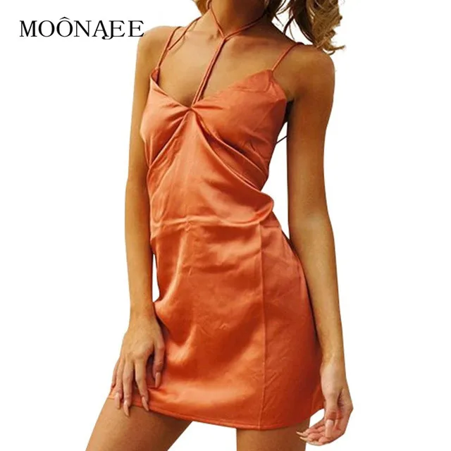 

MOONAJEE 2017 сексуальные летние платья с v-образным вырезом и открытой спиной, сшитое платье с лямкой на шее, шелковое платье с имитацией для женщ...