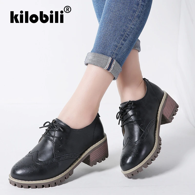 Kilobili/2018 г. Осенние женские туфли оксфорды лодочки на среднем каблуке с