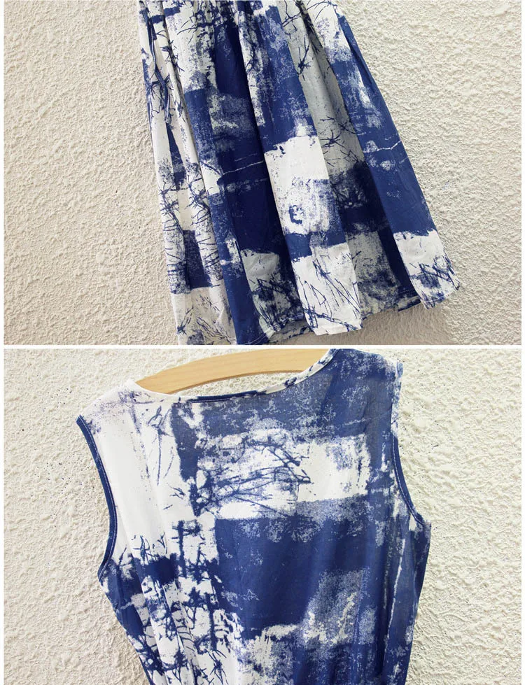 Women Vintage Dress New Design Summer Sleeveless Round Neck Cotton And Linen Print High Quality Vestidos Womens Slim De Festa | Женская