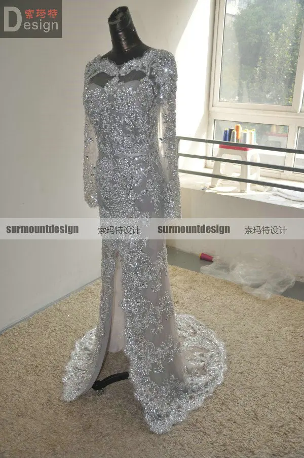Elie Saab New Style 100% Real Gray Slit Long Sleeve Heavy Beaded Floor-Length Prom/ Evening Dress | Свадьбы и торжества