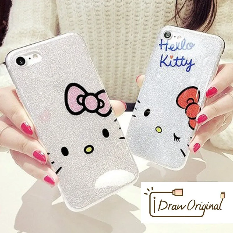 Draw Original Cute Hello Kitty Bling Glitter edge Soft Phone Case for iPhone 7 6s Plus Shine Back Cover iphone 8 X | Мобильные