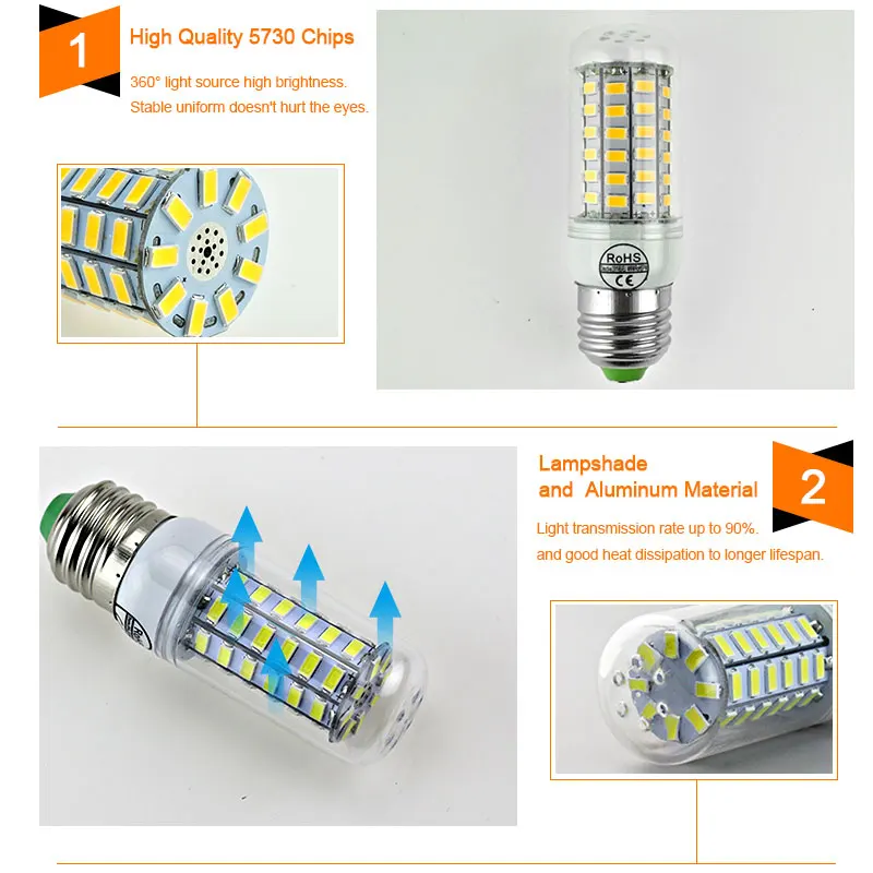 Светодиодная лампа E27 E14 G9 SMD 5730 110V LED Bulb 220V 24 36 48 56 69LED s Lampada led кукуруза для люстры