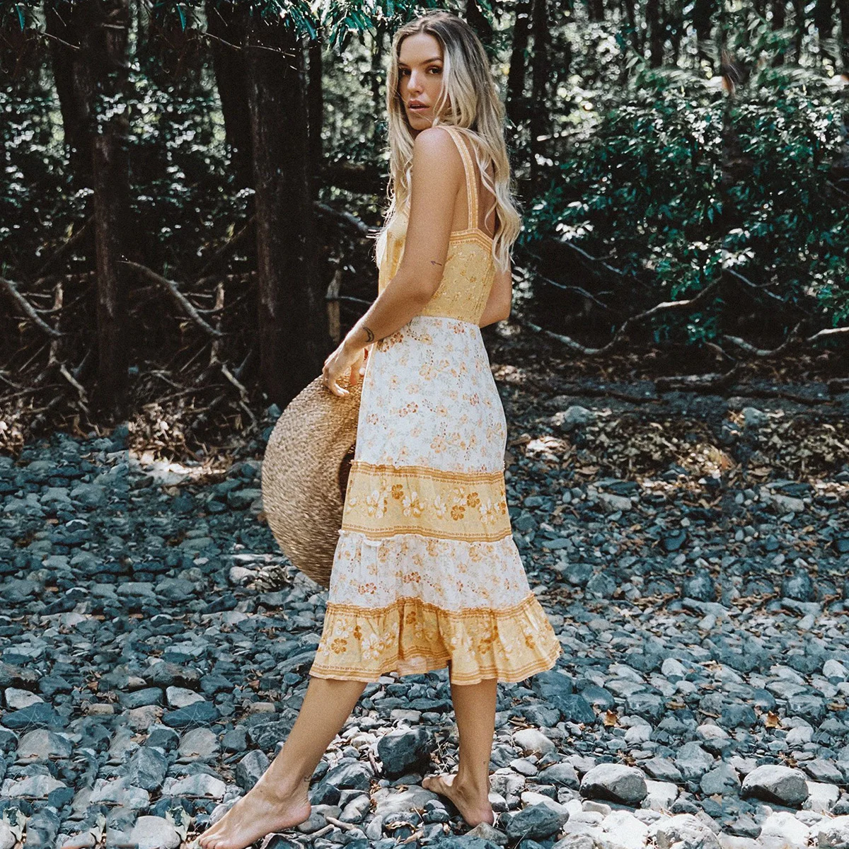 Bohemian Strap Slip Dress Yellow Floral Print Women Sleeveless Midi Boho Hippie Chic Beach Party Wear Dresses Summer | Женская одежда
