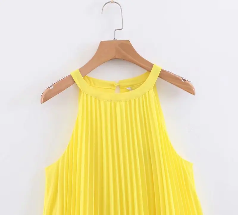 Новое летнее женское милое желтое плиссированное платье без рукавов femme hem ruffles