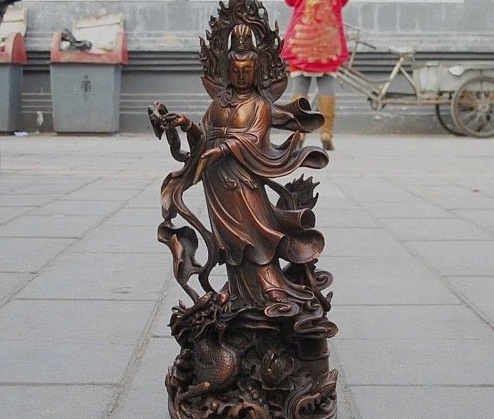 

18"Tibet Red Bronze refined Carved Kwan-Yin goddess Ride Dragon Buddha Statue 45cm