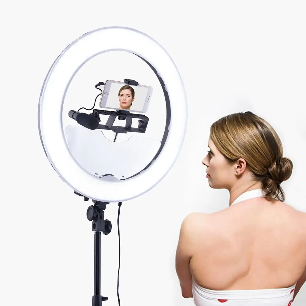 Fusitu 18 дюймов фотографический светильник ing Dimmable светодиодный видео кольцо с фотографией светильник зеркало телефон и держатель камеры портрет интервью макияж