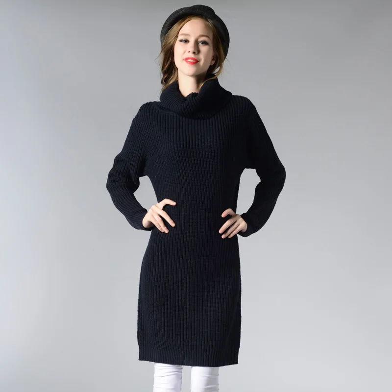 Women Long Sweater Dress Loose High Neck Retro Solid Knit Base Jumper Turtleneck Large Free Size Casual Wear Autumn Winter | Женская