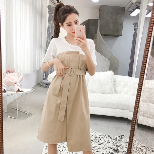 Лето 2019 корейский стиль преппи пэтчворк поддельные две части женское платье