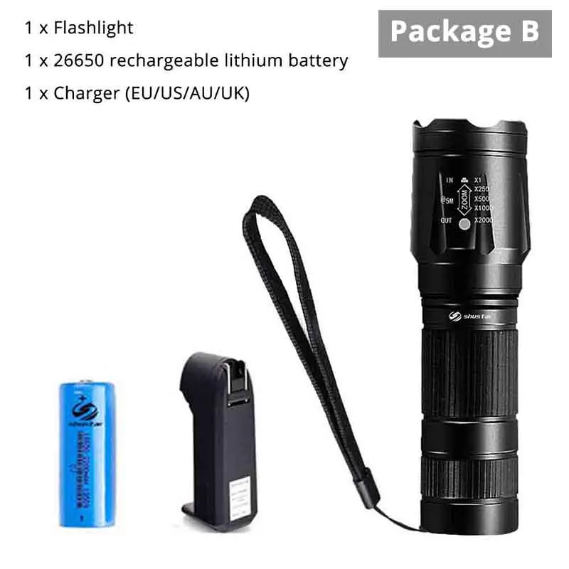 Package B Мощный светодиодный фонарик Водонепроницаемый T6 светодиодный фонарь Водонепроницаемый фонарик 3 режима масштабируемый светодиодный фонарь с зарядным устройством 26650 18650 - Испускаемый цвет: Package B