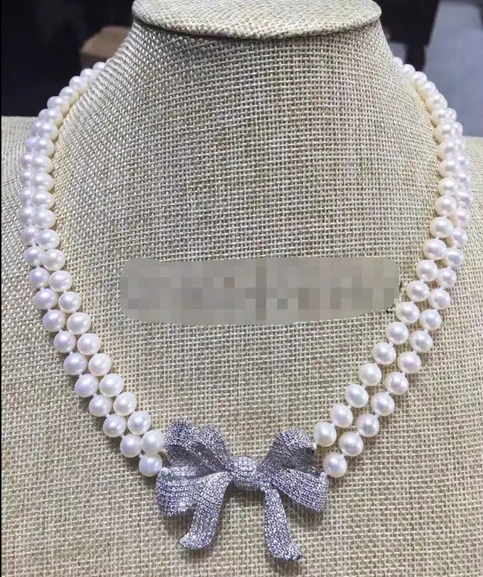 

2row 19-20" 8-9mm white round freshwater pearl necklace zircon bowknot