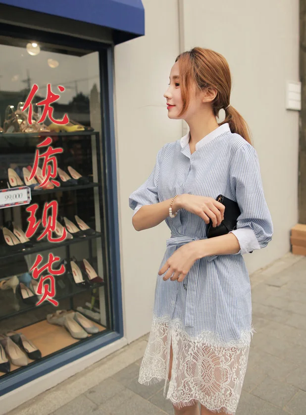 Женское платье рубашка в полоску с кружевом|dress lace|summer womenstriped shirt dress |