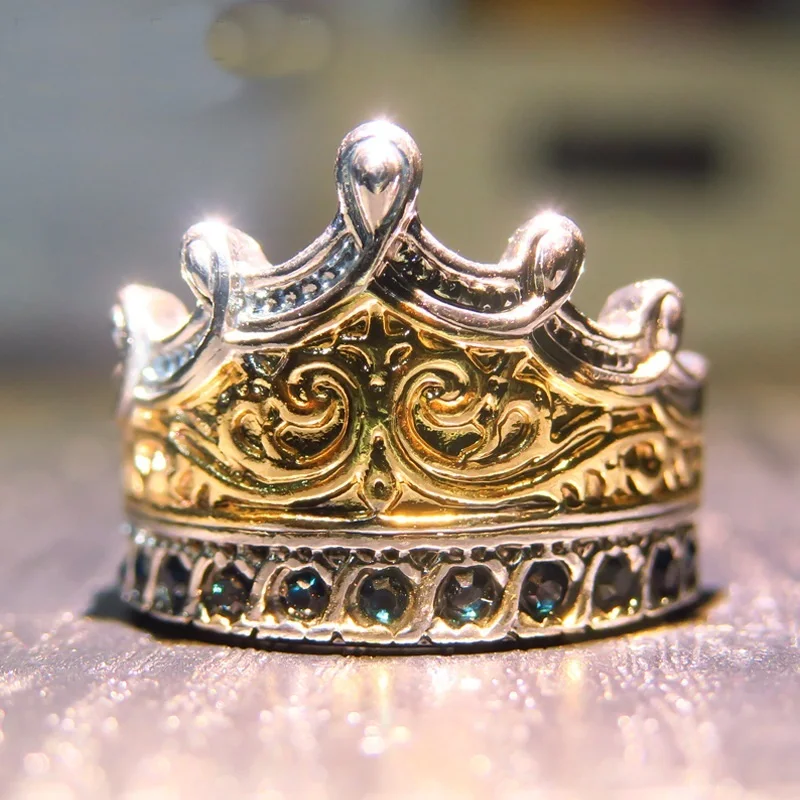 OMHXZJ Wholesale European Fashion Woman Man Party Wedding Gift Crown Blue AAA Zircon 18KT White Gold Yellow Ring RR474 | Украшения и