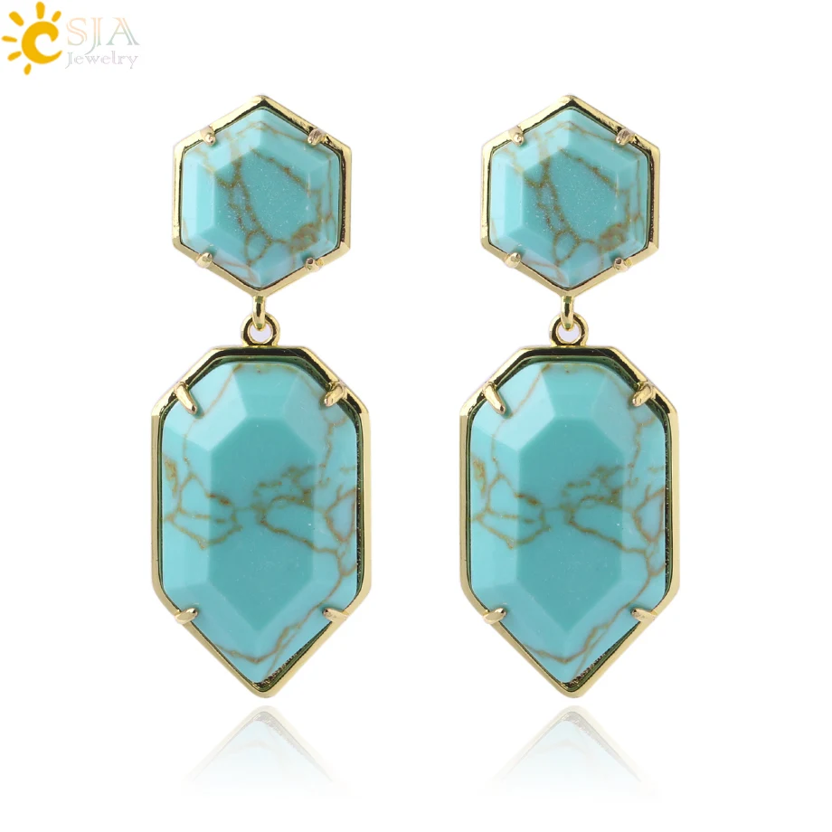Turquoise CSJA полигоны кристалл серьги гвоздики для женщин золотой цвет длинные сережки с натуральным камнем фиолетовый белый кварц черная бижутерия из оникса F780 - Окраска металла: Turquoise