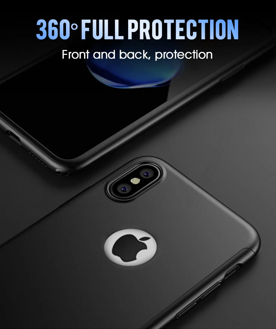 Чехол на 360 градусов для iPhone 7, 8 Plus, X, XR, XS Max, с закаленным стеклом, Жесткий Чехол для iPhone 6, 6splus, X, 5, 5S, SE