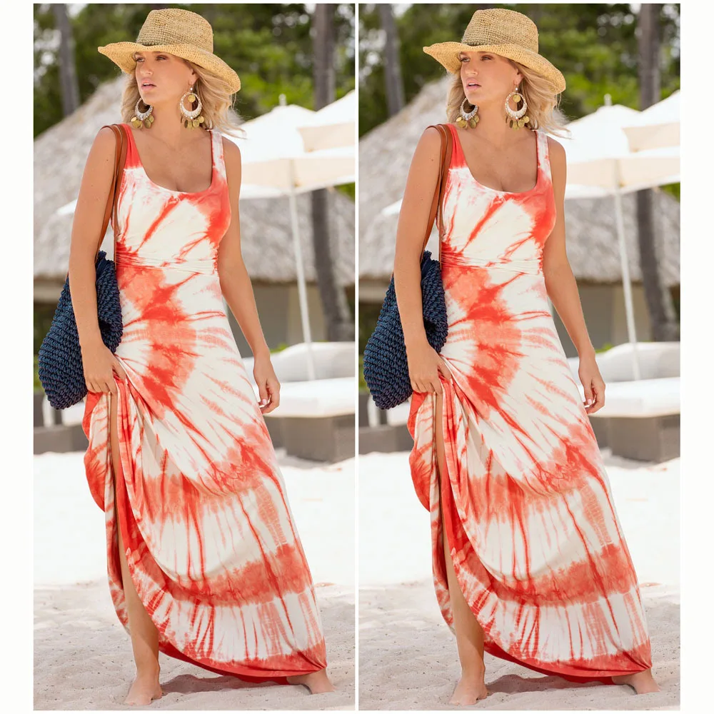 Летние пляжные женские Длинное Платье С НАБОРНЫМИ БРЕТЕЛЬКАМИ o образным вырезом