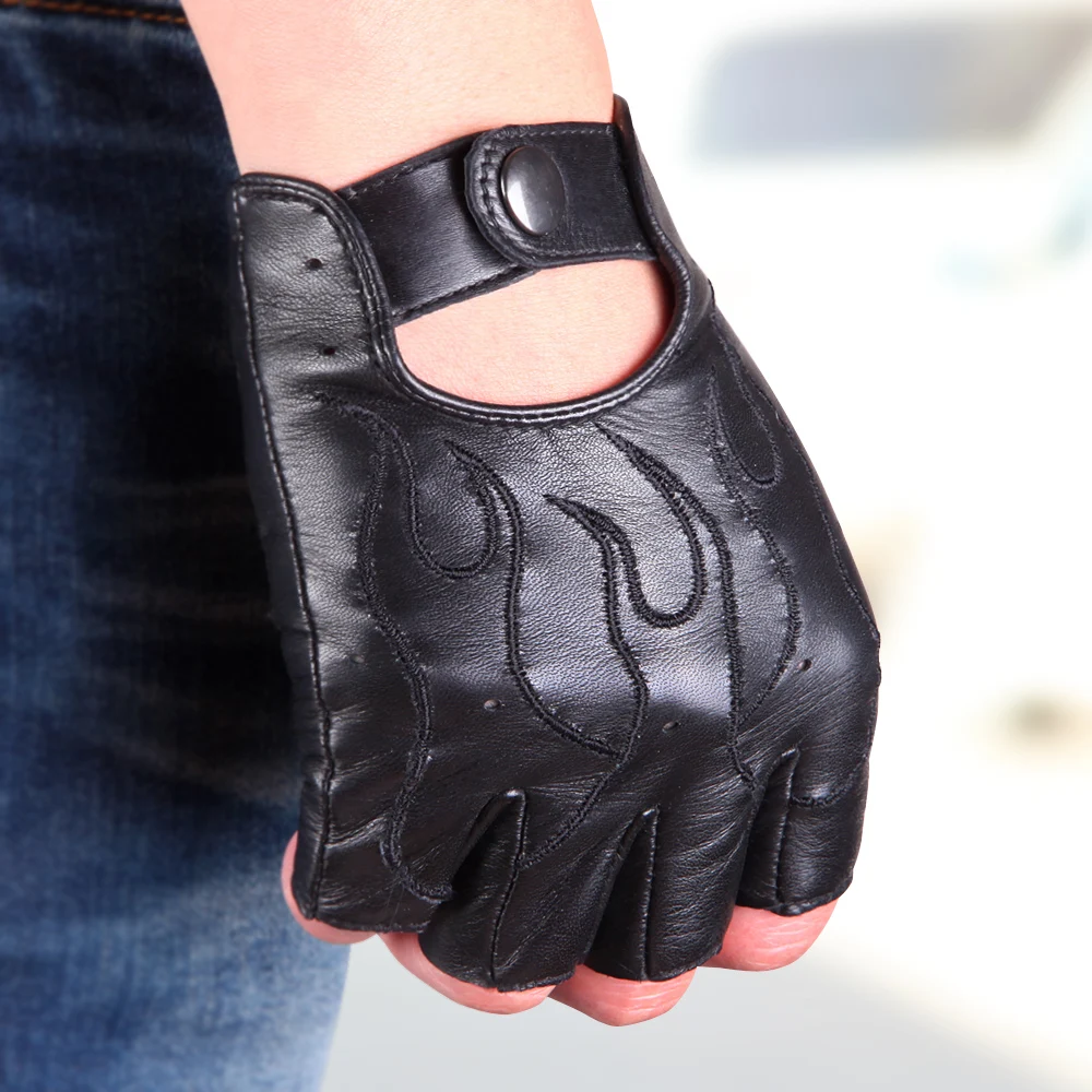 Semi-Finger Genuine Leather Gloves Male Embroidery Imported Lambskin Driving Half Finger Men Gloves Non-Slip Breathable M047N-1